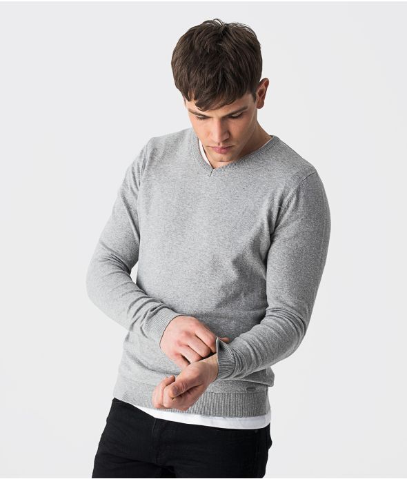 ROYAL V-NECK KNITWEAR, GREY MELANGE