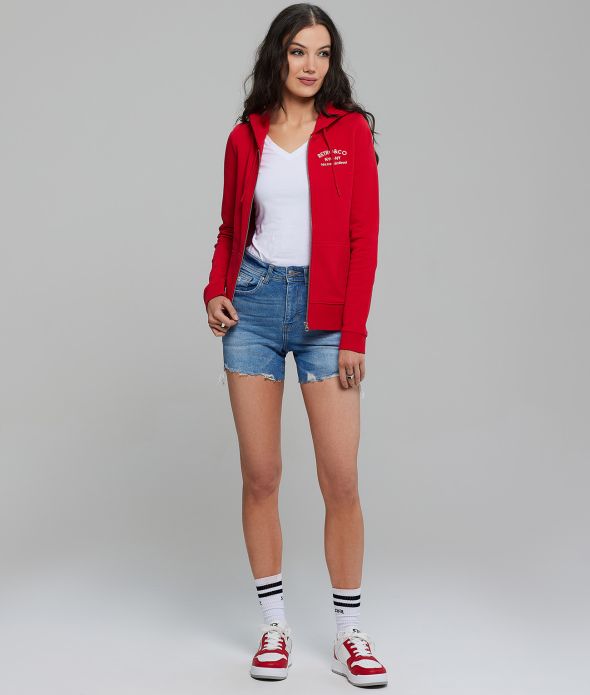 ANISE NŐI CIPZÁRAS, KAPUCNIS MELEGÍTŐ PULÓVER, PIROS