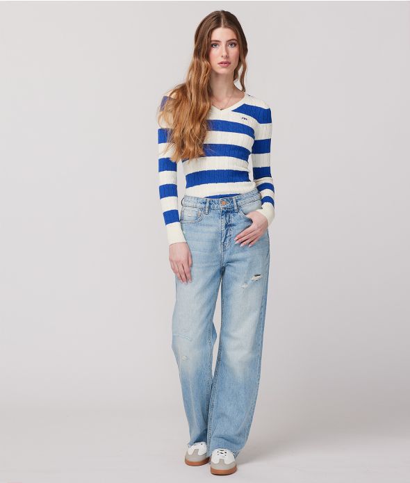 ROSANNA V SWEATER, BLUE STRIPES